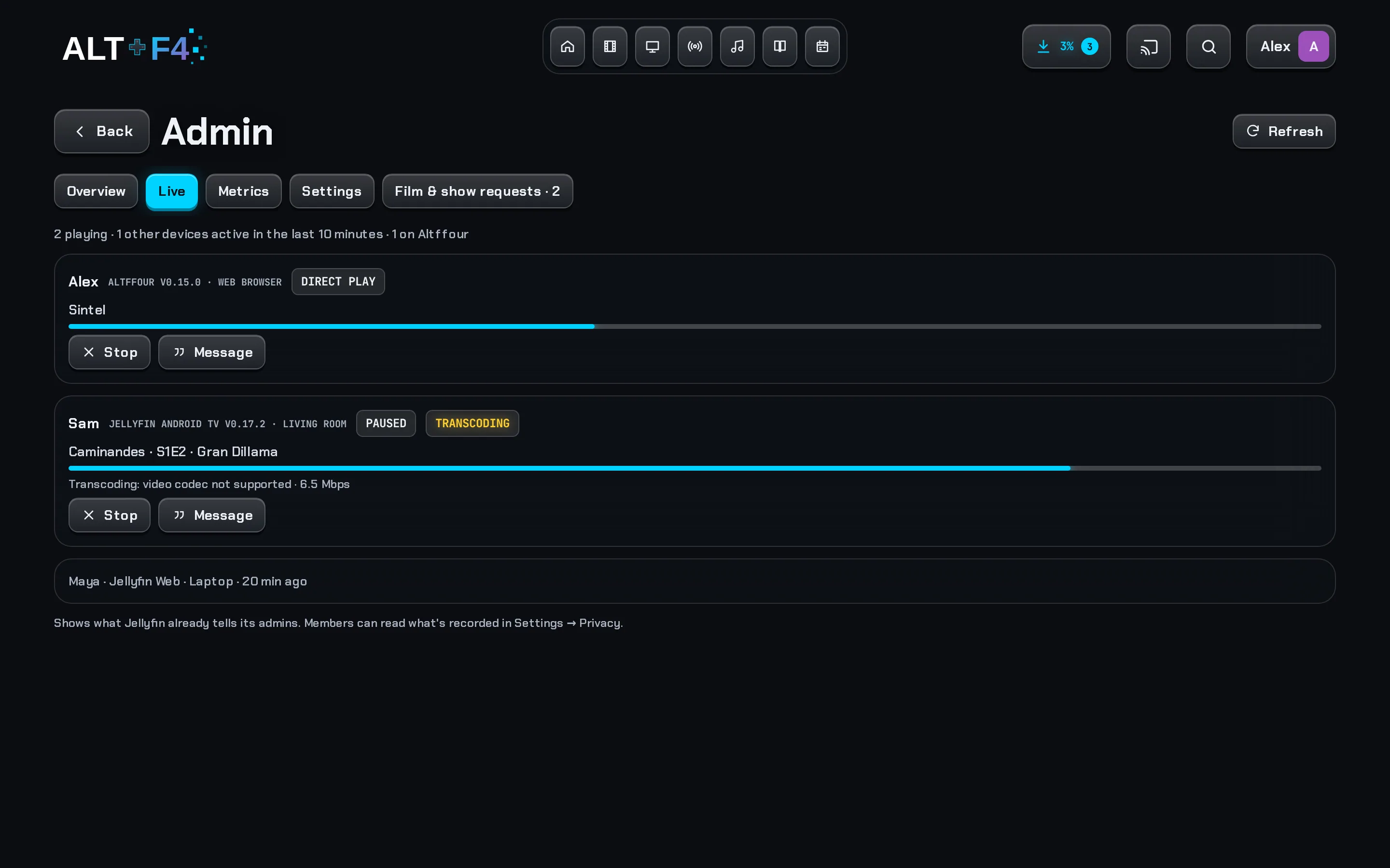 The admin Live tab showing every device that's playing, its app and direct play or transcoding