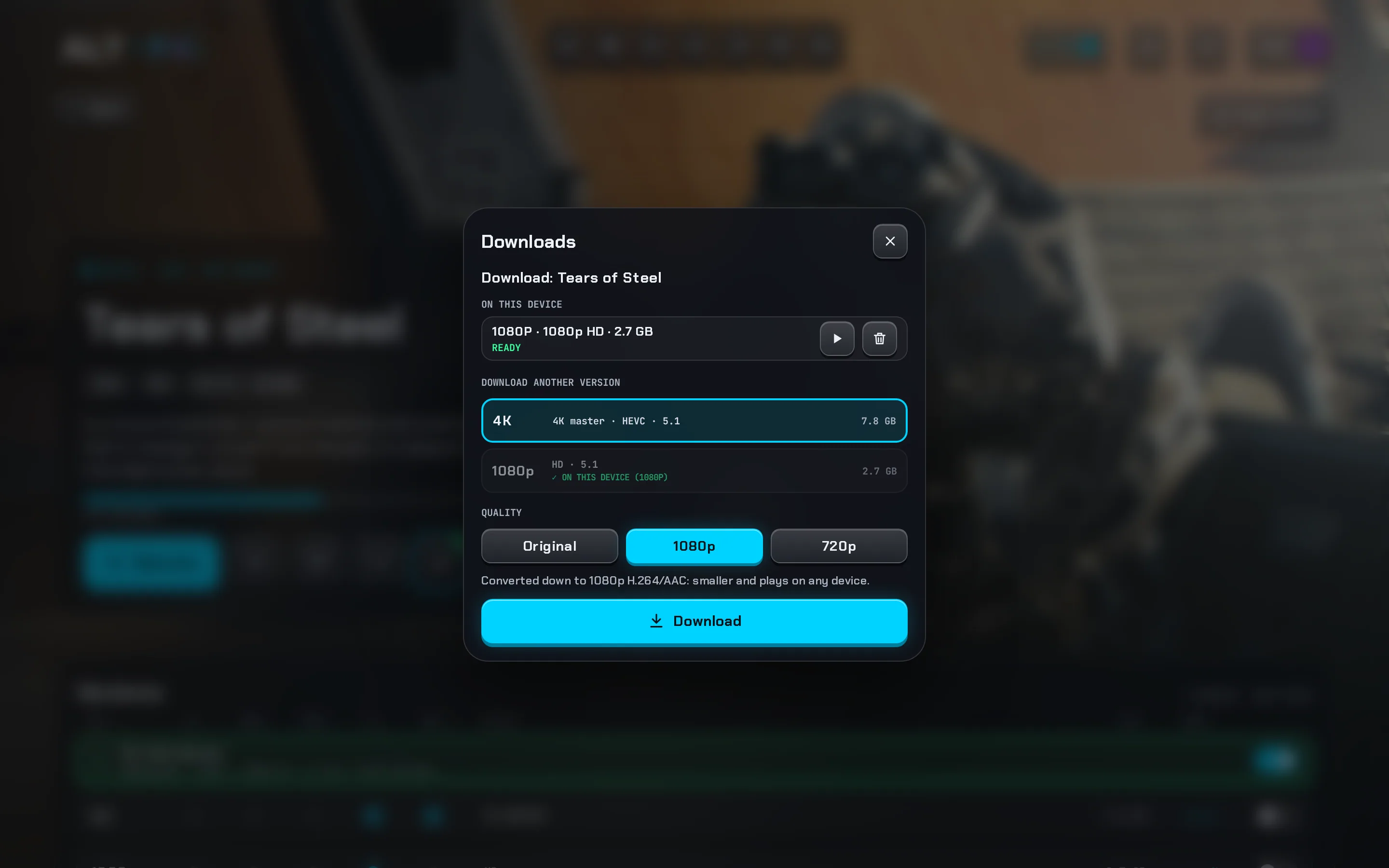 Choosing a version and quality to download