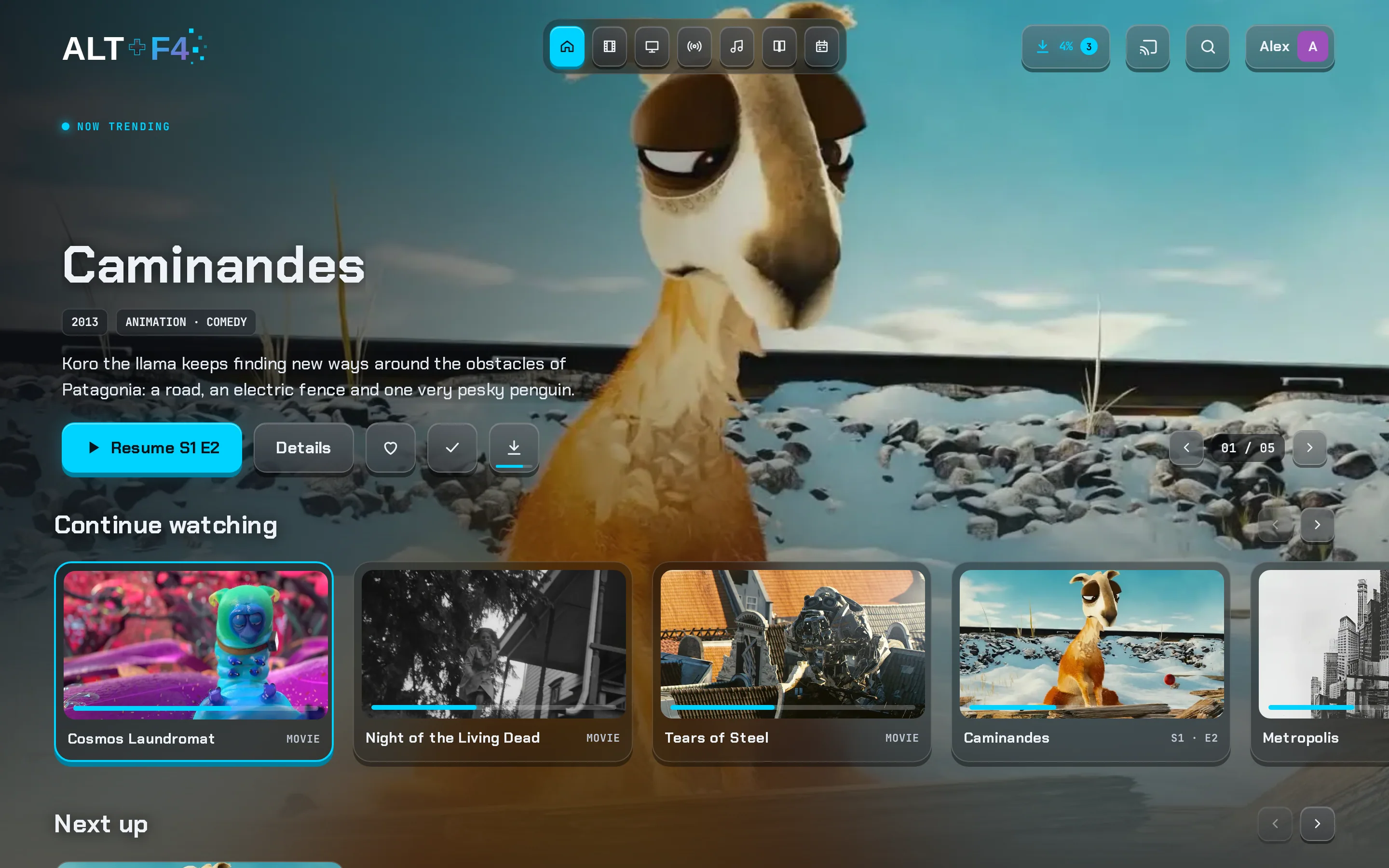 The Altffour Home screen: a featured film with Play and Details keys above a Continue watching row