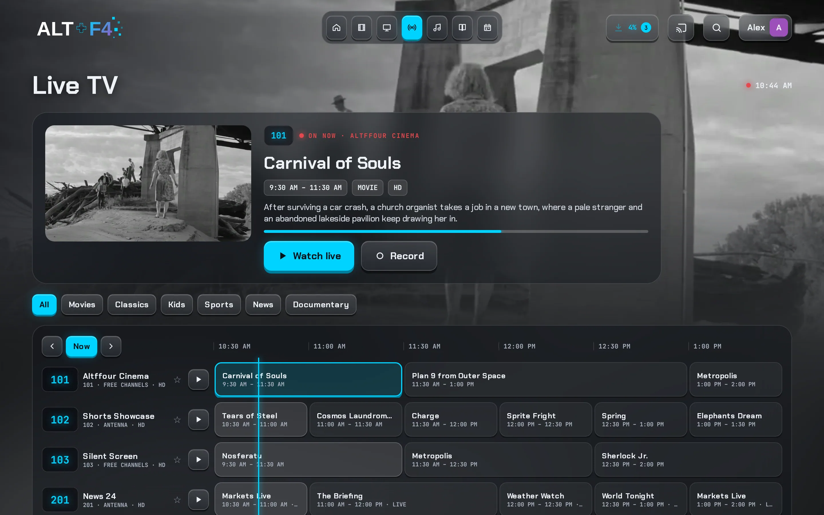 The Live TV guide with categories and an on-now panel