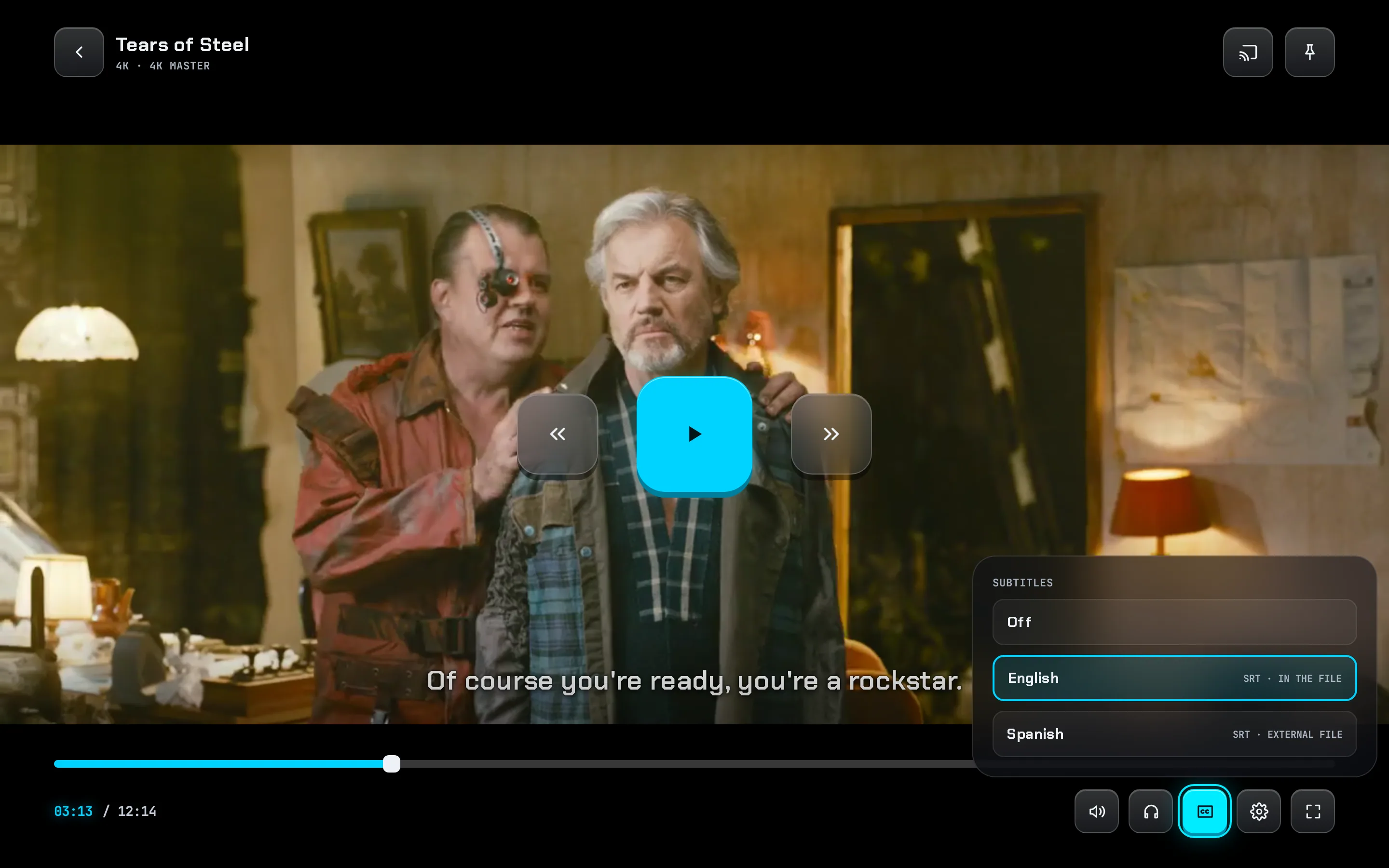 The Altffour player showing subtitles and its subtitle menu
