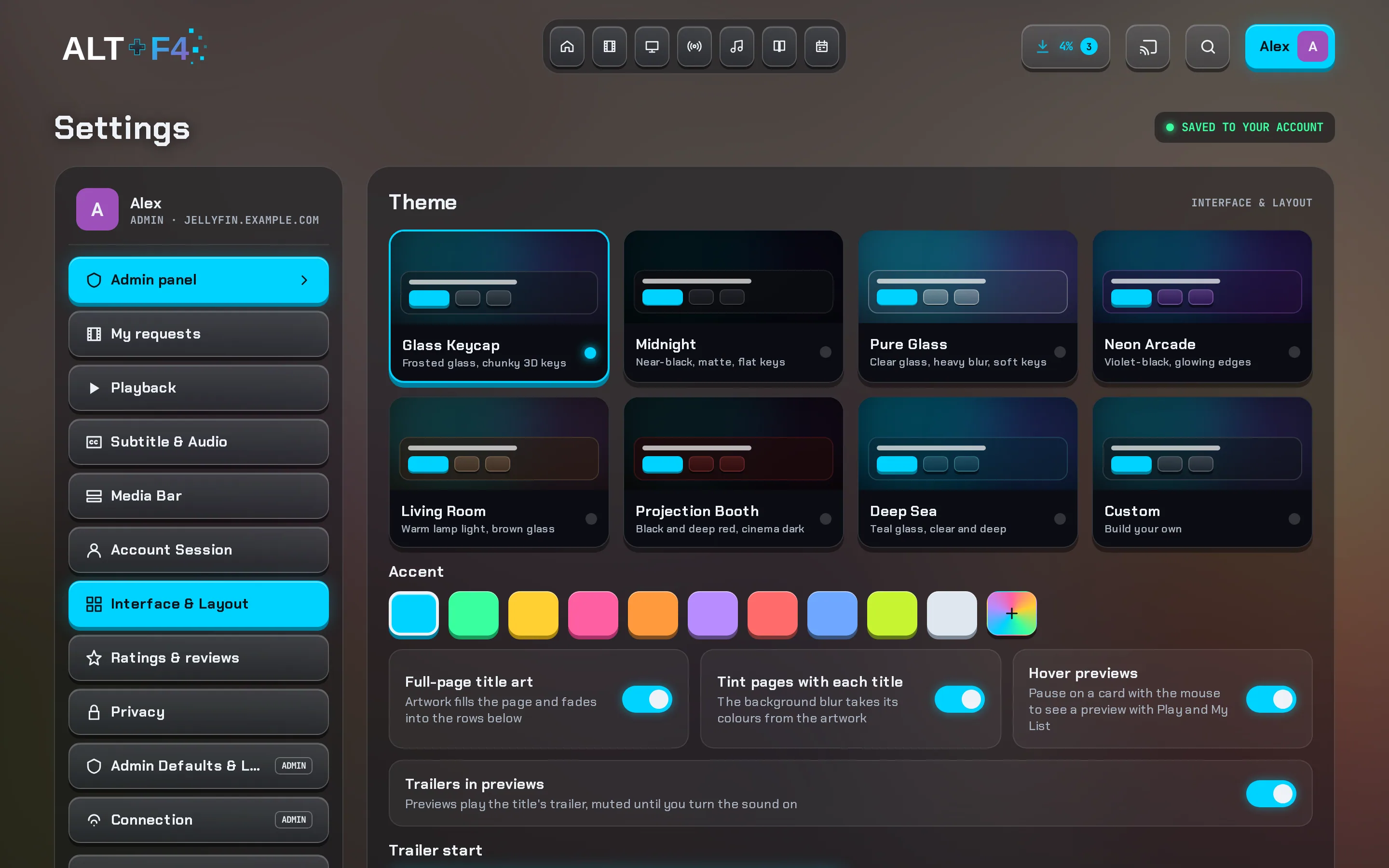 Interface settings with themes and accent colours