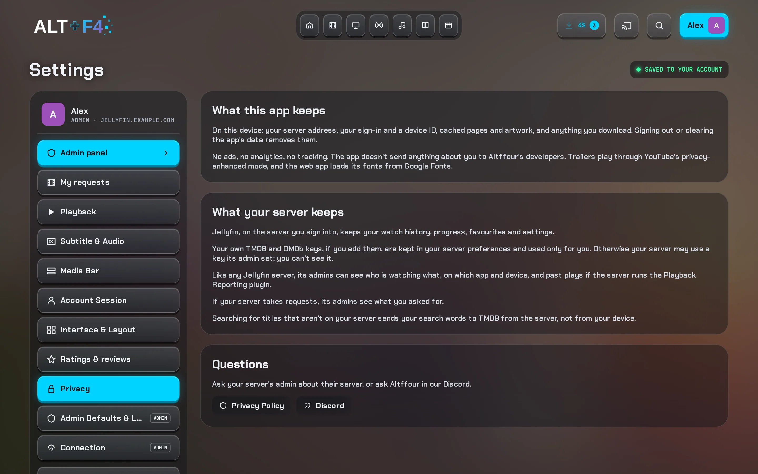 Settings Privacy: what the app keeps, what your server keeps and what admins can see