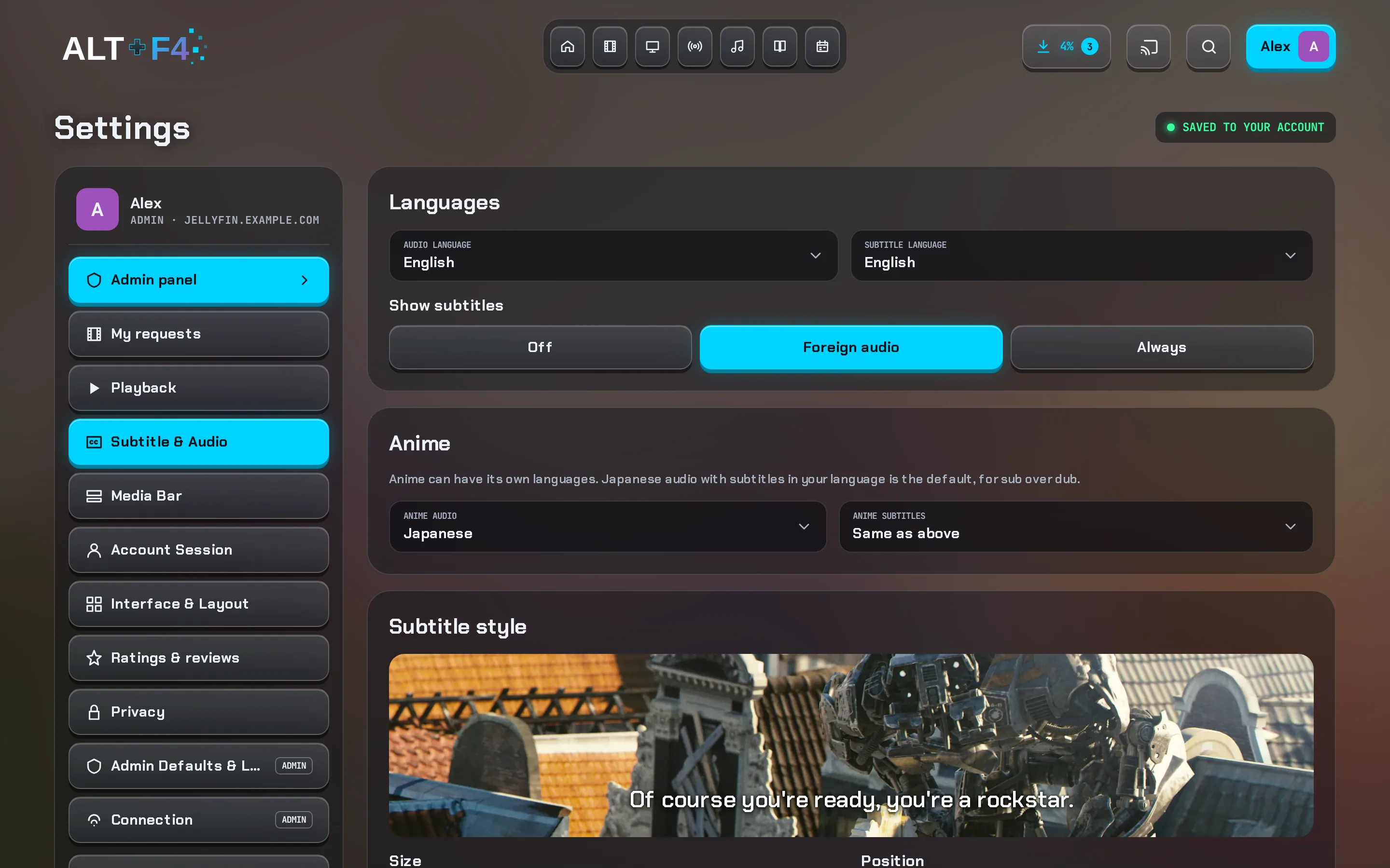 Subtitle settings with the live style preview and anime languages